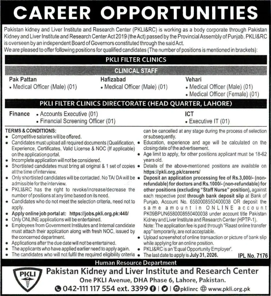 PKLI&RC Jobs 2026 – Pakistan Kidney and Liver Institute Career Opportunities Advertisement