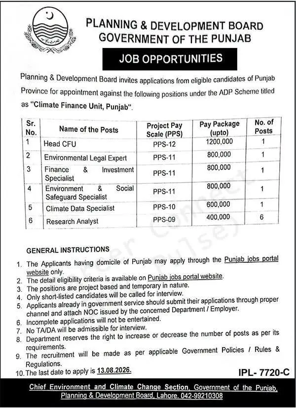 Planning and Development Board Punjab Jobs 2026 advertisement for Climate Finance Unit Jobs 2026 including Head CFU, Environmental Legal Expert, Finance and Investment Specialist, Climate Data Specialist, and Research Analyst