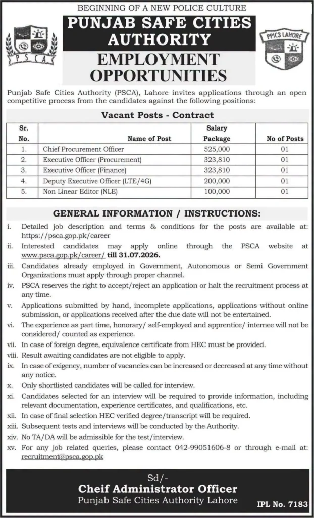 PSCA Jobs 2026 – Punjab Safe Cities Authority Lahore Employment Opportunities Advertisement