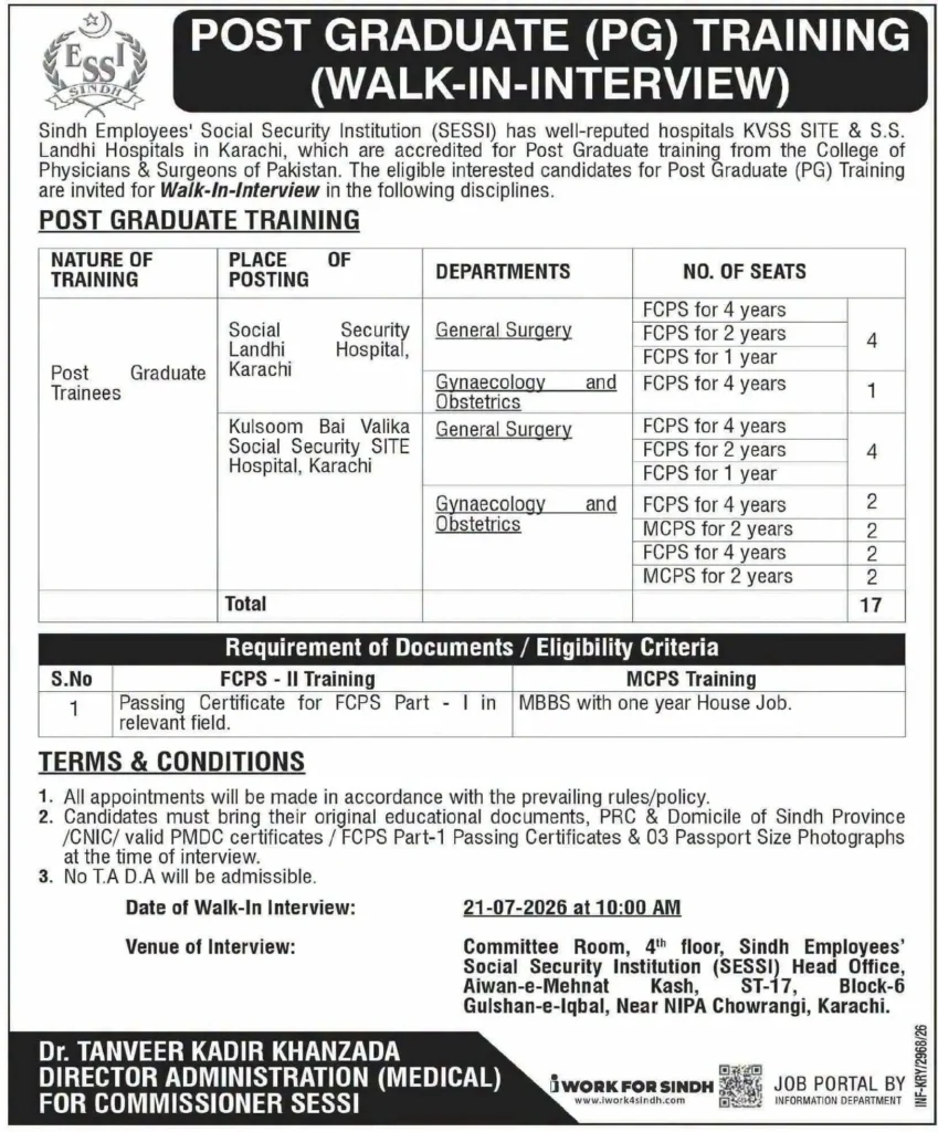 Official SESSI Post Graduate Training 2026 advertisement for FCPS and MCPS walk-in interview in Karachi.