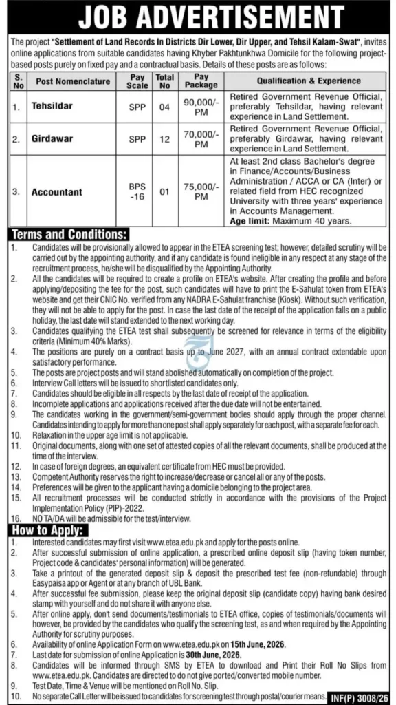 Settlement of Land Records KPK Jobs 2026 Advertisement – Tehsildar, Girdawar, Accountant – Apply via ETEA