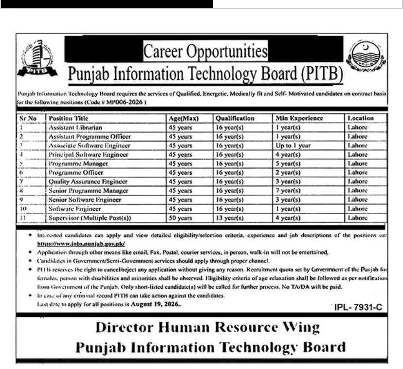PITB Lahore Jobs 2026, PITB Career Opportunities Advertisement (MP006-2026) announcing multiple contract-based