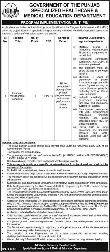Punjab Specialized Healthcare Dept jobs 2026