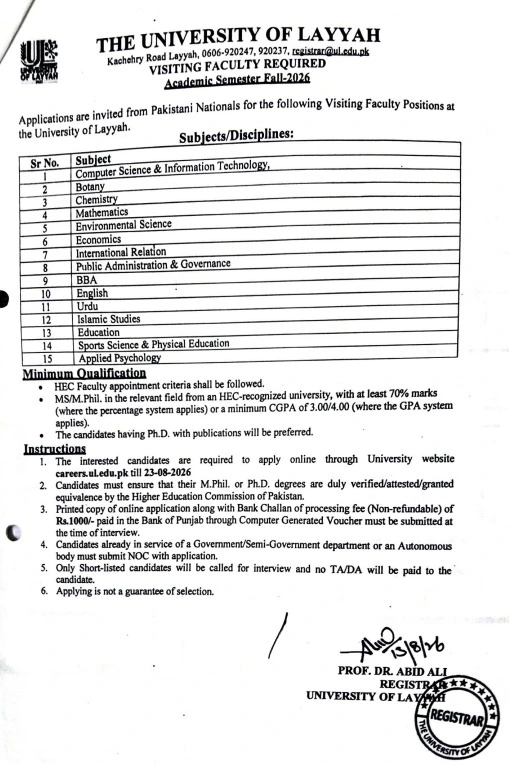 University of Layyah Visiting Faculty Jobs 2026 Fall Semester advertisement