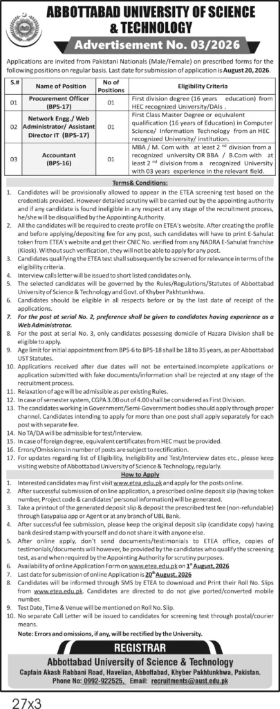 Abbottabad University of Science and Technology Jobs, AUST Abbottabad Jobs 2026 Advertisement No. 03/2026 for Procurement Officer, Network Engineer, Assistant Director IT, and Accountant vacancies.