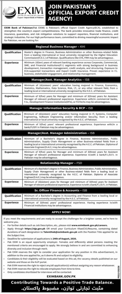 EXIM Bank Jobs 2026 advertisement for banking and management vacancies in Pakistan