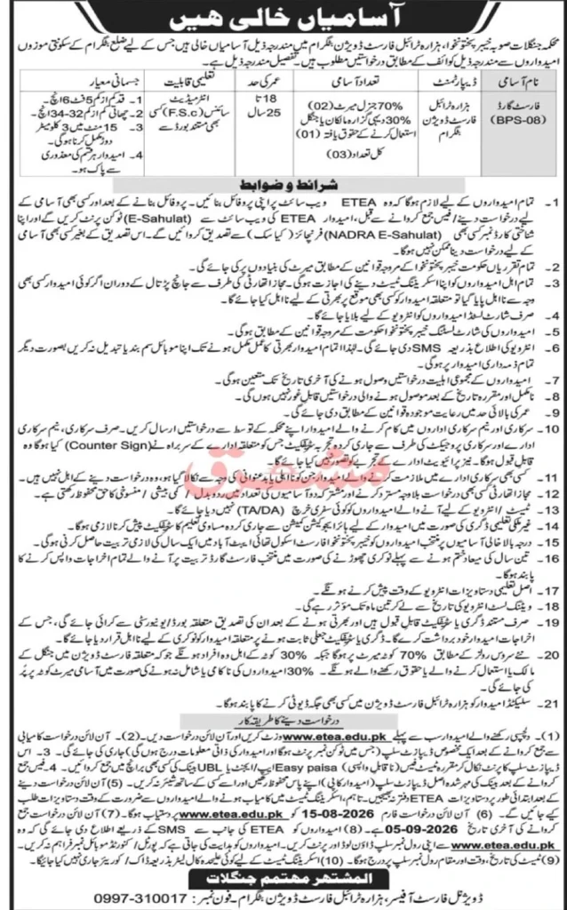 Forest Guard Jobs 2026 Battagram – KPK Hazara Tribal Division ETEA Advertisement