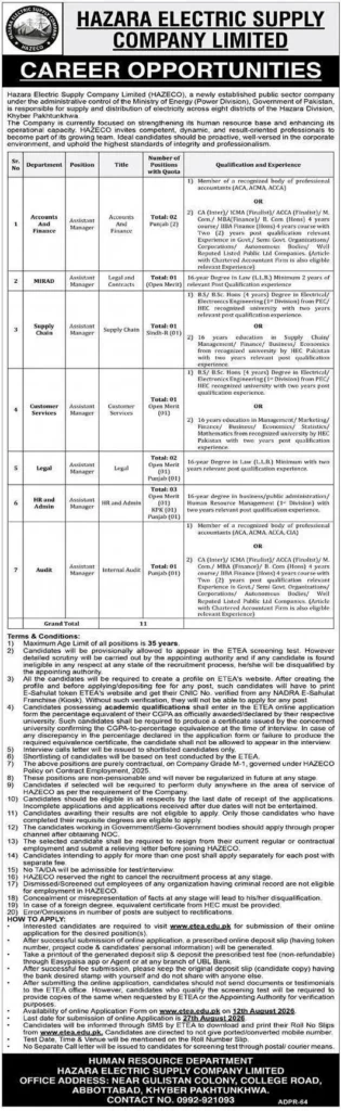 HAZECO Jobs 2026 advertisement for 11 Assistant Manager vacancies through ETEA