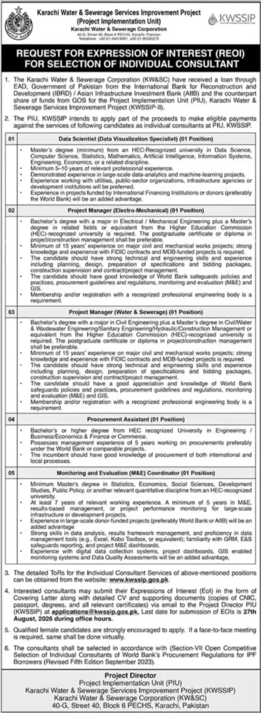 KWSSIP Karachi Jobs 2026 advertisement for individual consultant vacancies in Karachi