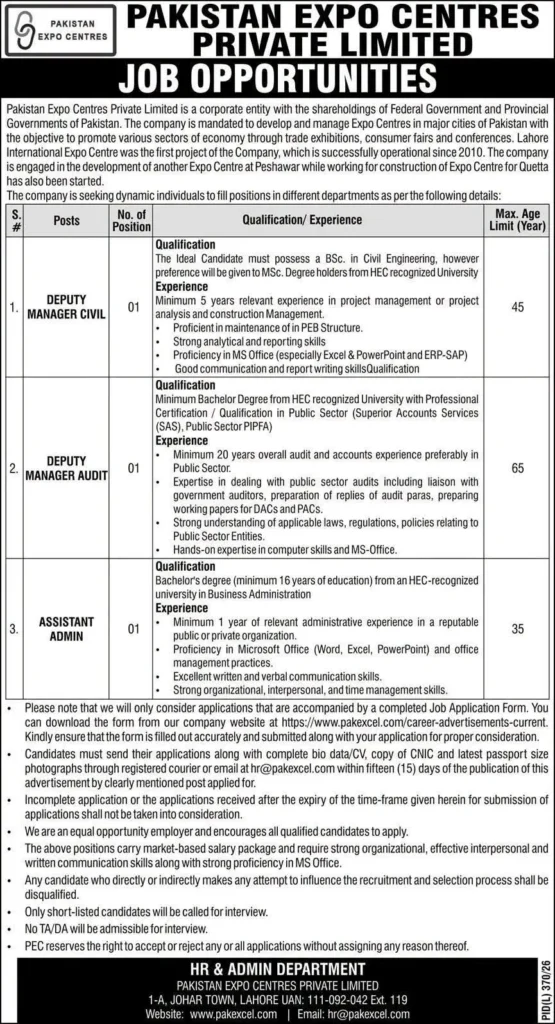 Pakistan Expo Centres Jobs 2026 – Apply for Deputy Manager and Admin Posts