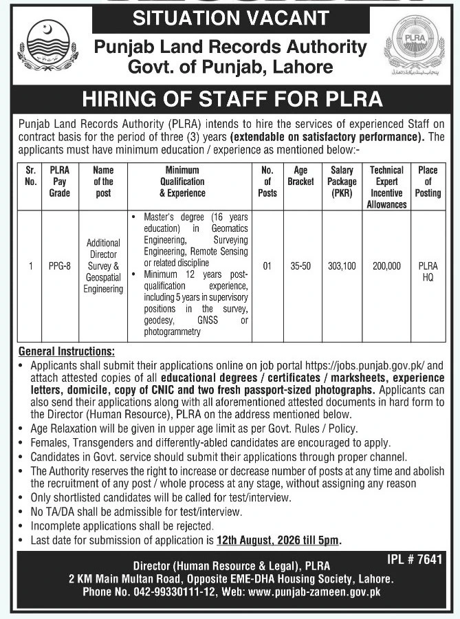 Punjab Land Records Authority PLRA Jobs 2026 advertisement for Additional Director Survey and Geospatial Engineering published in Business Recorder.