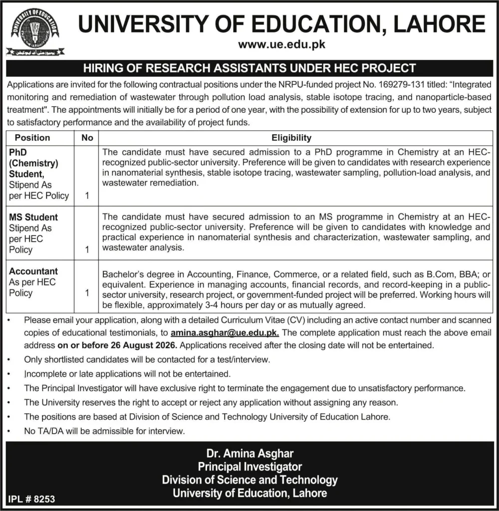 University of Education Lahore Jobs 2026 – PhD, MS Research Assistant and Accountant Vacancies