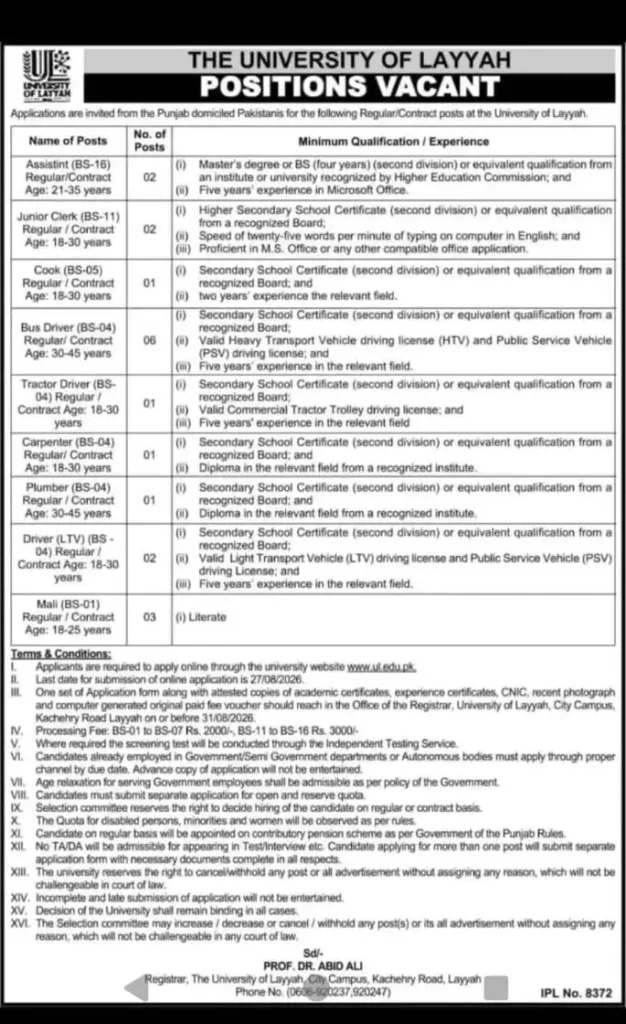 University of Layyah Jobs 2026 latest vacancies advertisement