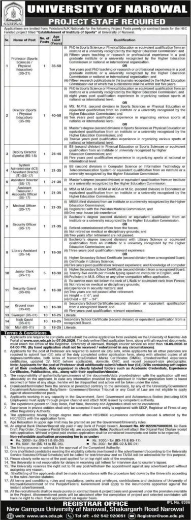 University of Narowal Project Staff Jobs 2026 advertisement for 53 vacancies