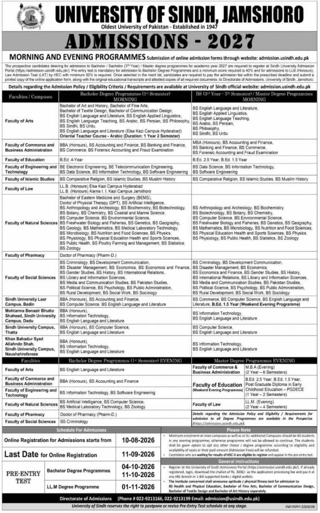 University of Sindh Jamshoro Admissions 2027 advertisement with morning and evening programmes and admission schedule