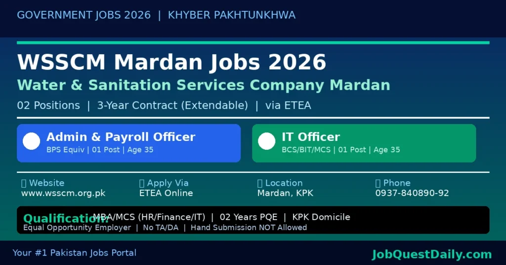 WSSCM Mardan Jobs 2026 – Water & Sanitation Services Company 2 Government Posts Admin & IT Officer Apply via ETEA KPK