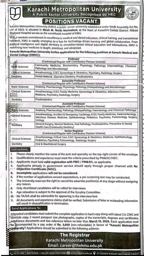 Karachi Metropolitan University Jobs 2026 advertisement for professor and medical faculty positions
