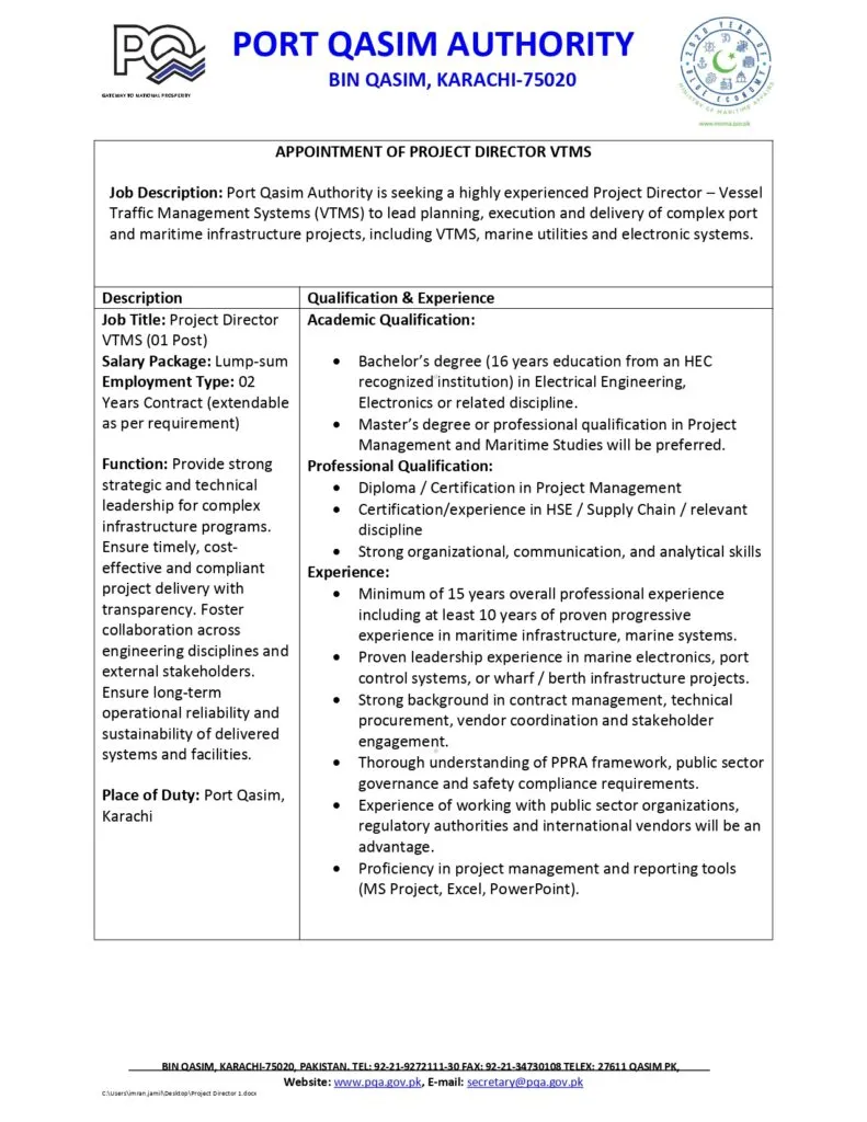 Port Qasim Authority job advertisement for Project Director VTMS 2026