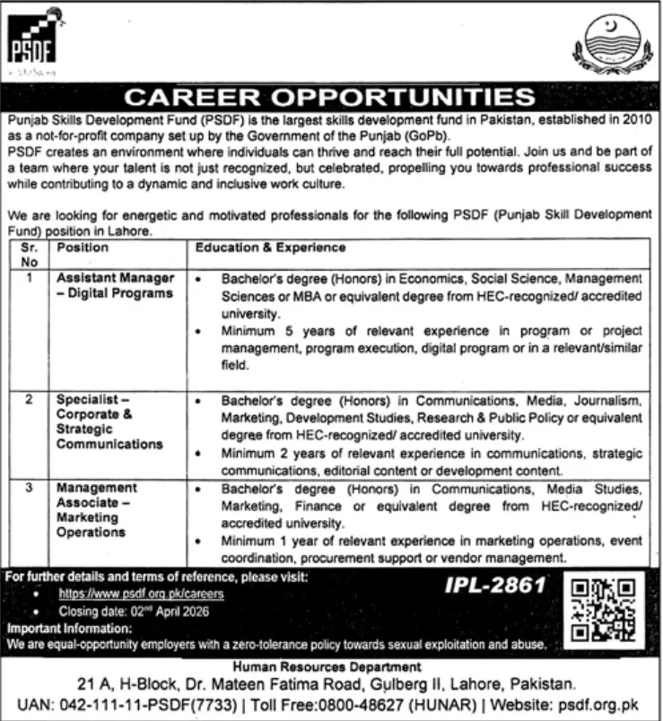 PSDF Jobs 2026 Lahore Assistant Manager Specialist Marketing roles advertisement