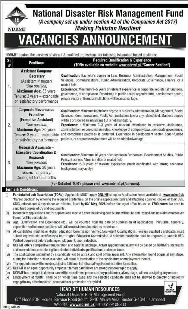 NDRMF Jobs 2026 Islamabad vacancies announcement with positions and eligibility details