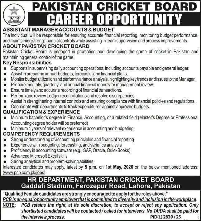 Pakistan Cricket Board Jobs 2026 Assistant Manager Accounts and Budget Lahore advertisement