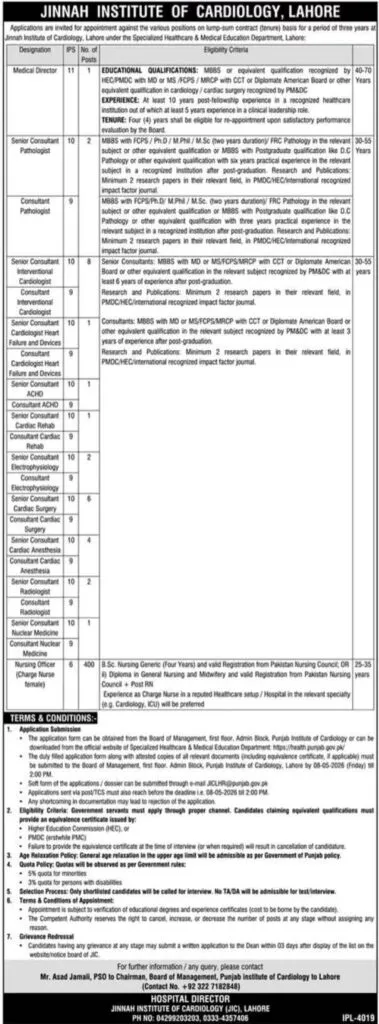 Jinnah Institute of Cardiology Lahore Jobs 2026 advertisement with 400 nursing vacancies