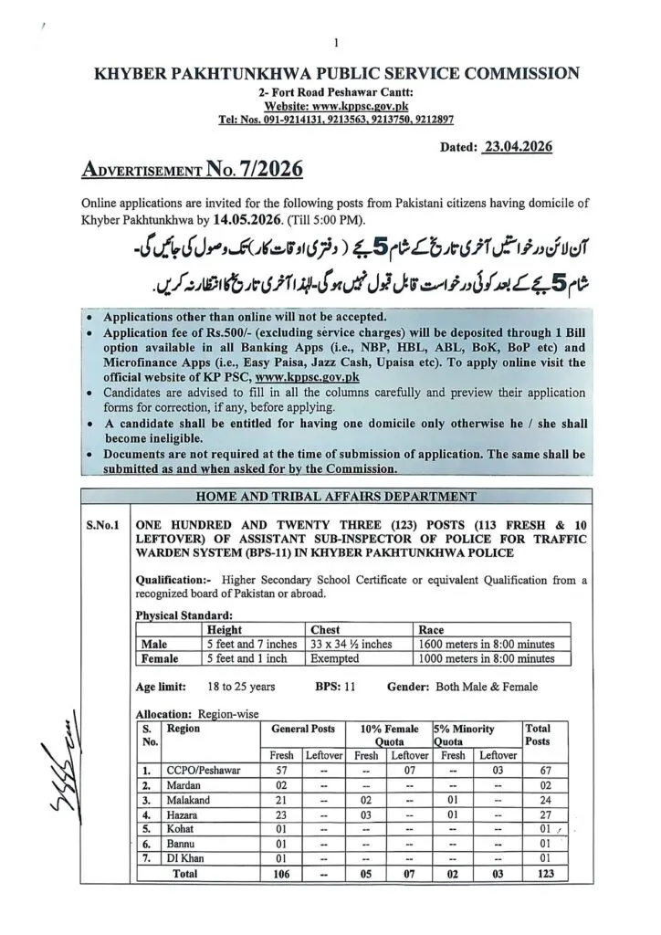 KPPSC Advertise No. 7/2026 advertisement for 123 ASI Traffic Warden posts in Khyber Pakhtunkhwa Police