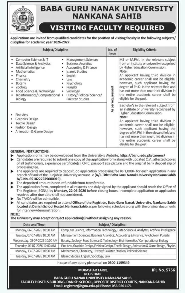Baba Guru Nanak University Nankana Sahib BGNU Visiting Faculty Jobs 2026 advertisement for multiple academic disciplines.