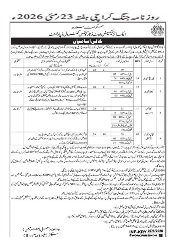 Excise Taxation and Narcotics Control Department Sindh Jobs 2026 advertisement for Key Punch Operator, Sub Inspector and Assistant Inspector vacancies