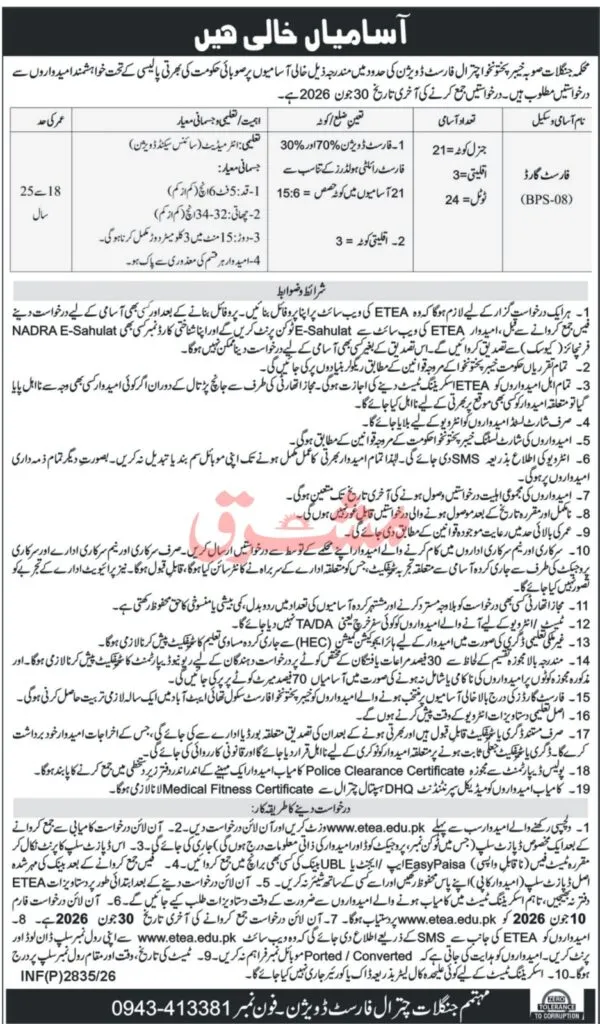 Forest Guard Jobs 2026 advertisement by Forest Department Lower Chitral for 24 BPS-08 vacancies through ETEA