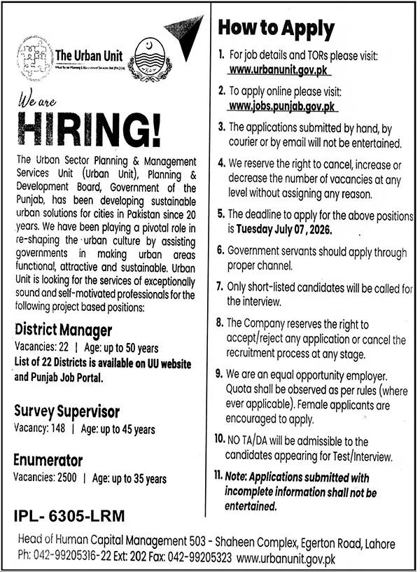 Urban Unit Jobs 2026 advertisement announcing 2670 vacancies for District Manager Survey Supervisor and Enumerator positions in Punjab